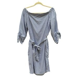 J. McLaughlin Striped‎ Off Shoulder Dress Tie Waist 3/4 Sleeve Blue M